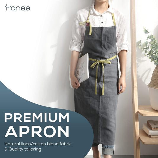 HANEE Kitchen Apron for Women & Men (9 Colors) Linen Cooking Aprons with pocket