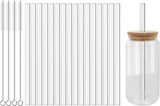 Lazycorner Reusable Glass Straws Set 16 Pcs 8.5''x 10MM Straight Clear Glass Drinking Straws, Set of 16 with 4 Cleaning Brushes. Reusable Straws Perfect For Smoothies, Tea, Juice-Clear Cocktail.