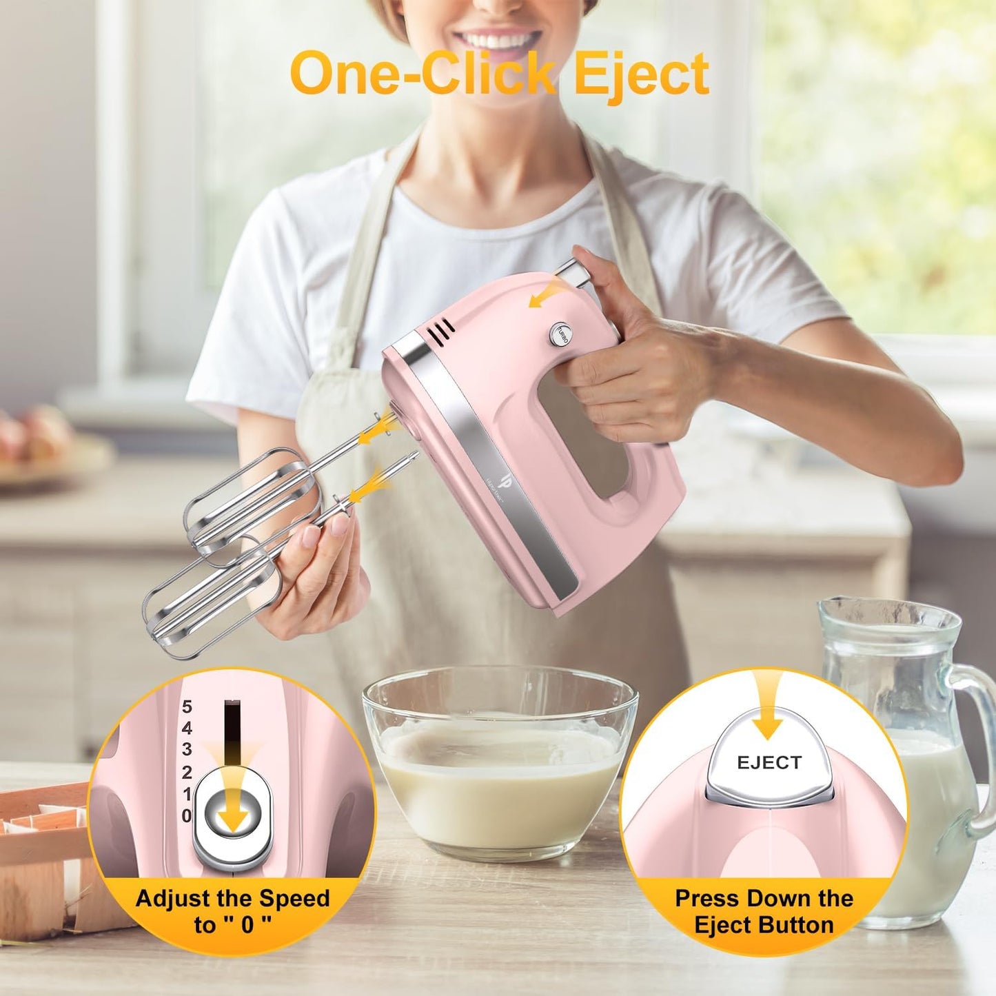 Hand Mixer Electric, 400W Food Mixer 5 Speeds Handheld Blender, 5 Stainless Steel Accessories, Storage Box, Kitchen Blender with Cord for Cream, Cookies, Dishwasher Safe, Pink