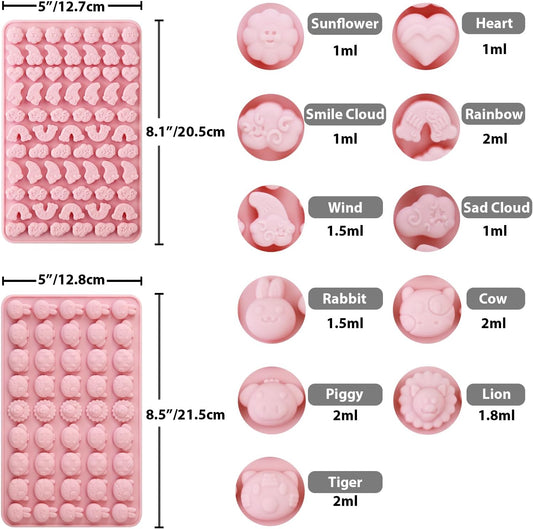 Animals & Flowers Silicone Candy molds, Non-Stick Gummy Bear Chocolate Gelatin Tray with 2 Droppers Creates 260 Alpaca, Clover, Animals, Rainbow & Cloud, Pack of 4