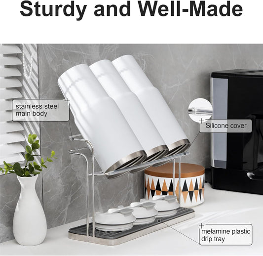 Stainless Steel Cup & Water Bottle Drying Rack with Removable Drip Tray, 2-Tier Space-Saving Mug Holder for Kitchen Countertop, Durable Rust-Resistant Cup Organizer for Coffee Mugs, Glasses, Tumblers
