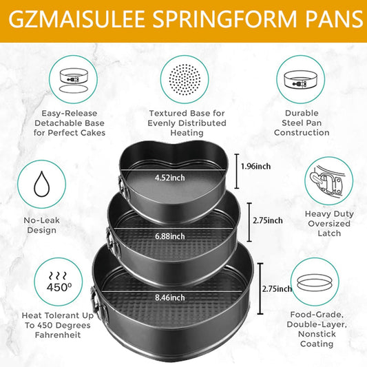 Springform Cake Pan Set of 3 (4, 7, 9 Inch) Heart Leakproof Nonstick Cheesecake Pans with Removable Bottom Carbon Steel Bakeware