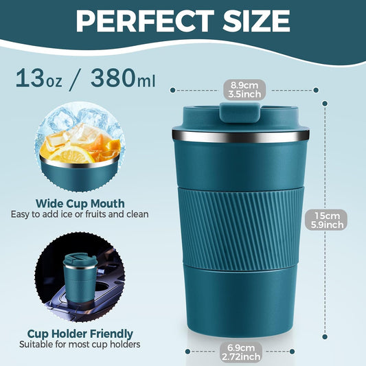 Volhoply 13 oz Stainless Steel Insulated Travel Coffee Mug with Fip Lid Bulk 4 Pack,Reusable Double Wall Vacuum Metal Coffee Cup,Portable Leak Proof Thermal Tumbler for Hot & Cold Drinks(Bule,4)