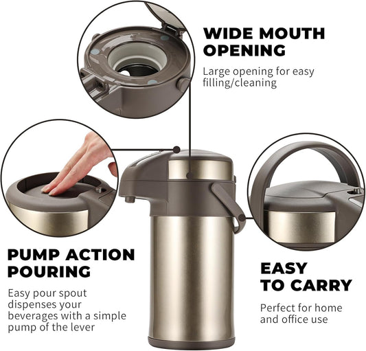 OJOJ 4L/133OZ Thermal Coffee Carafe with Pump, Thermal Beverage Dispenser, Coffee Airpot Stainless Steel Coffee Carafe for Hot Drinks Gold