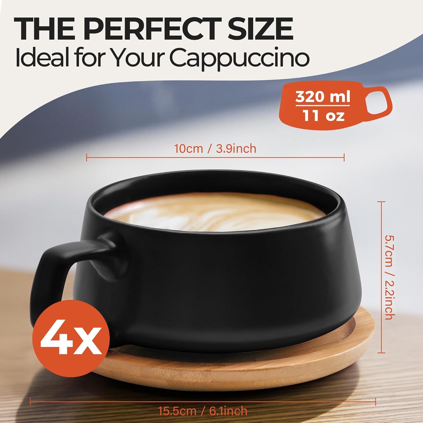 MIAMIO โ 11 Oz., Set of 4 Ceramic Tea Cup and Saucer Bamboo/Tea Mug - Wide Cappuccino Cup, Coffee Cups Ceramic Mug for Cappuccino, Latte, Espresso & Americano - Luxe Collection (Black)