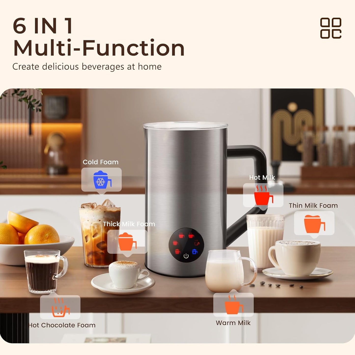 MAISON HUIS 6-IN-1 Milk Frother Steamer 550Watts, 20 oz Electric Stainless Steel, Hot and Cold Milk Frother for Latte, Macchiato, Cappuccino and Hot Chocolate
