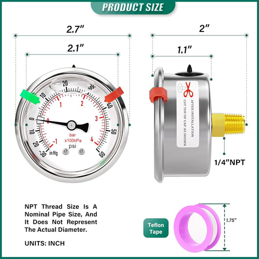 -30inHG-60PSI Stainless Steel Glycerin Liquid Filled Vacuum Pressure Gauge 2.5" Dial Size, 1/4" NPT Back Mount, for Water, Oil and Air Pressure Testing (with Range Mark Pointer)