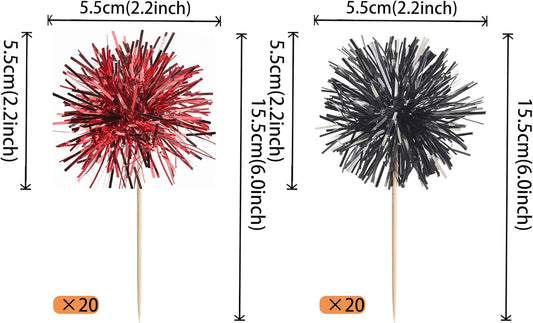 40 PCS Foil Firework Cupcake Toppers Sparkle Tinsel Cupcake Picks Fireworks Birthday Party Decorations Cocktail Fruit Toothpick for Birthday Wedding Graduation Party Decorations Supplies Black Red