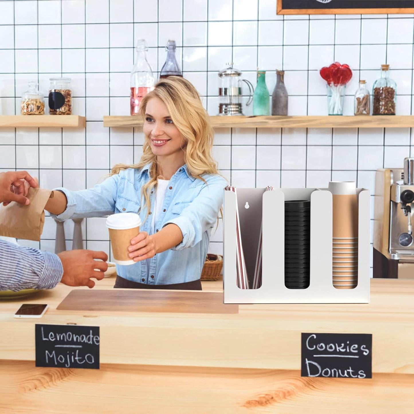 Richboom Acrylic Coffee Cup and Lid Storage Organizer Holder, 3 Compartments, White