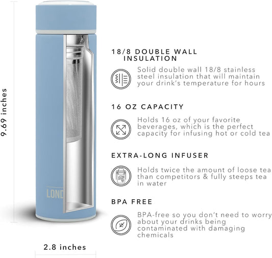 London Sip 16.9 oz Multi-Purpose Tea Infuser Mug – Fruit Infuser Water Bottle for Hot and Cold – Double Wall Stainless Steel Insulated, Blue Sunrise