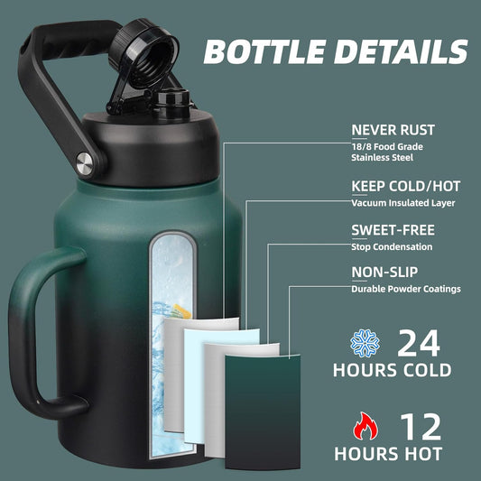 BJPKPK 64oz Insulated Water Bottle with Handle, Large Dishwasher Safe Half Gallon Water Bottle, BPA Free Water Jug, Wide Mouth Metal Water Bottle with Anti-slip Bottom, Army Green & Black