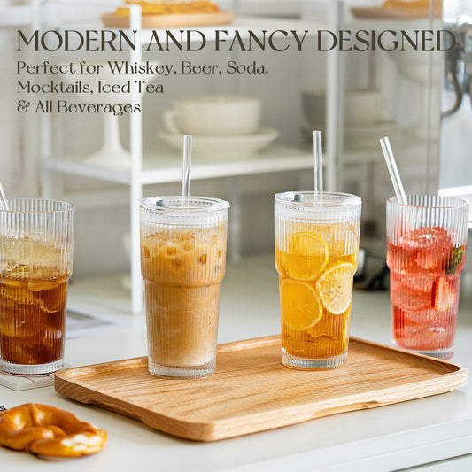 KEMORELA 6-Pack Ribbed Glass Tumblers with Lids & Straws – Vintage Style Iced Coffee Cups, Durable Smoothie & Cocktail Drinking Glasses, Reusable Clear Glassware for Home, Cafe, Office (6)