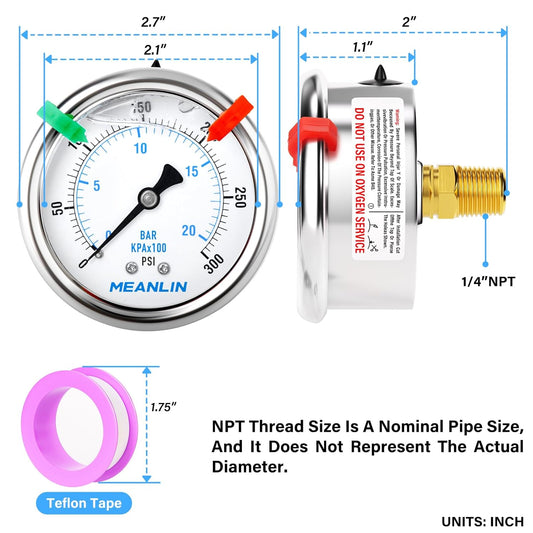 MEANLIN MEASURE 0~300Psi Liquid Filled Pressure Gauge 1/4" NPT 2.5" FACE DIAL Stainless Steel Glycerin Filled WOG Water Oil Air Back Mount (with 2PCS Snaps)