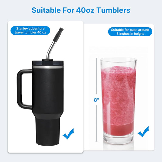 Repeatable Metal Straw with Silicone Tips for 40 oz Stanley Tumbler, 2 Pcs 40 oz Stainless Steel Straws Replacement for Stanley Tumbler, 1 Straw Brush, BPA Free(Black)