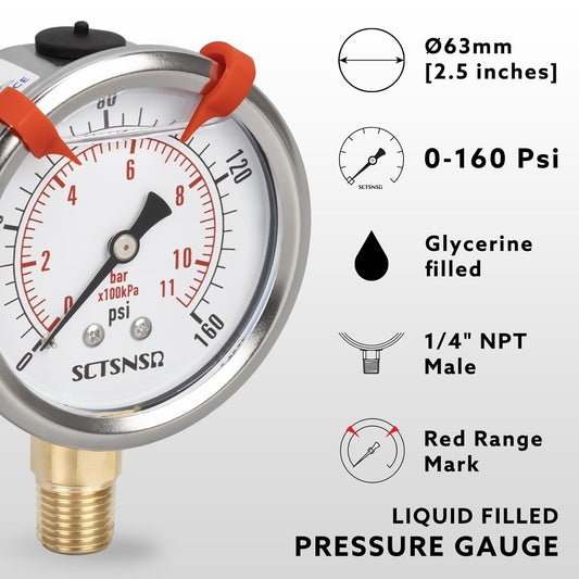 0 to 160 Psi Pressure Gauge, Glycerin Liquid Filled, 2.5 inch Dial, 1/4" NPT Lower Mount, Stainless Steel Case, for Air Compressor, Well Pump, Water, RV, CO2, Pipe, Gas, Pressure Test
