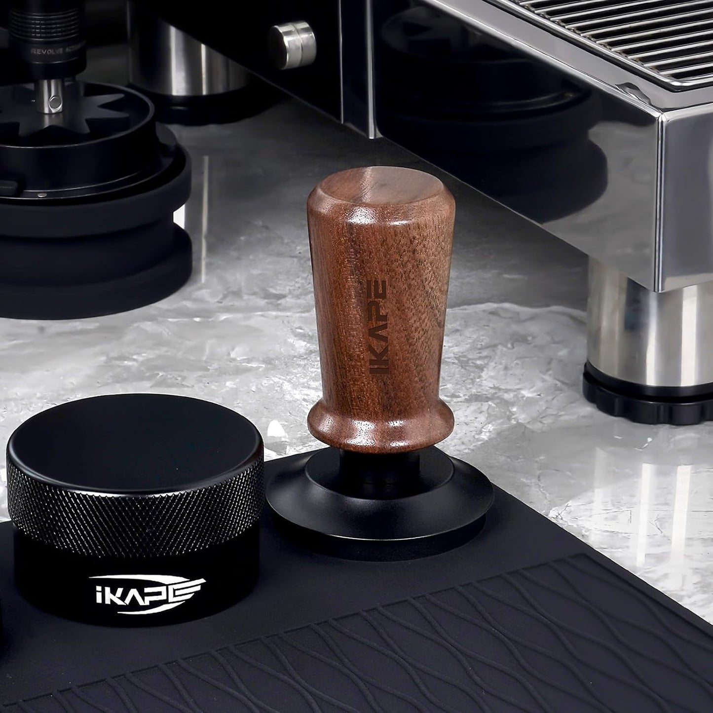 IKAPE 53.3mm Espresso Tamper, Spring-loaded Calibrated Tamper with Walnut Handle, Titanium Ripple Plating Base, Fits for 54 Breville Espresso Machine Bottomless Portafilter