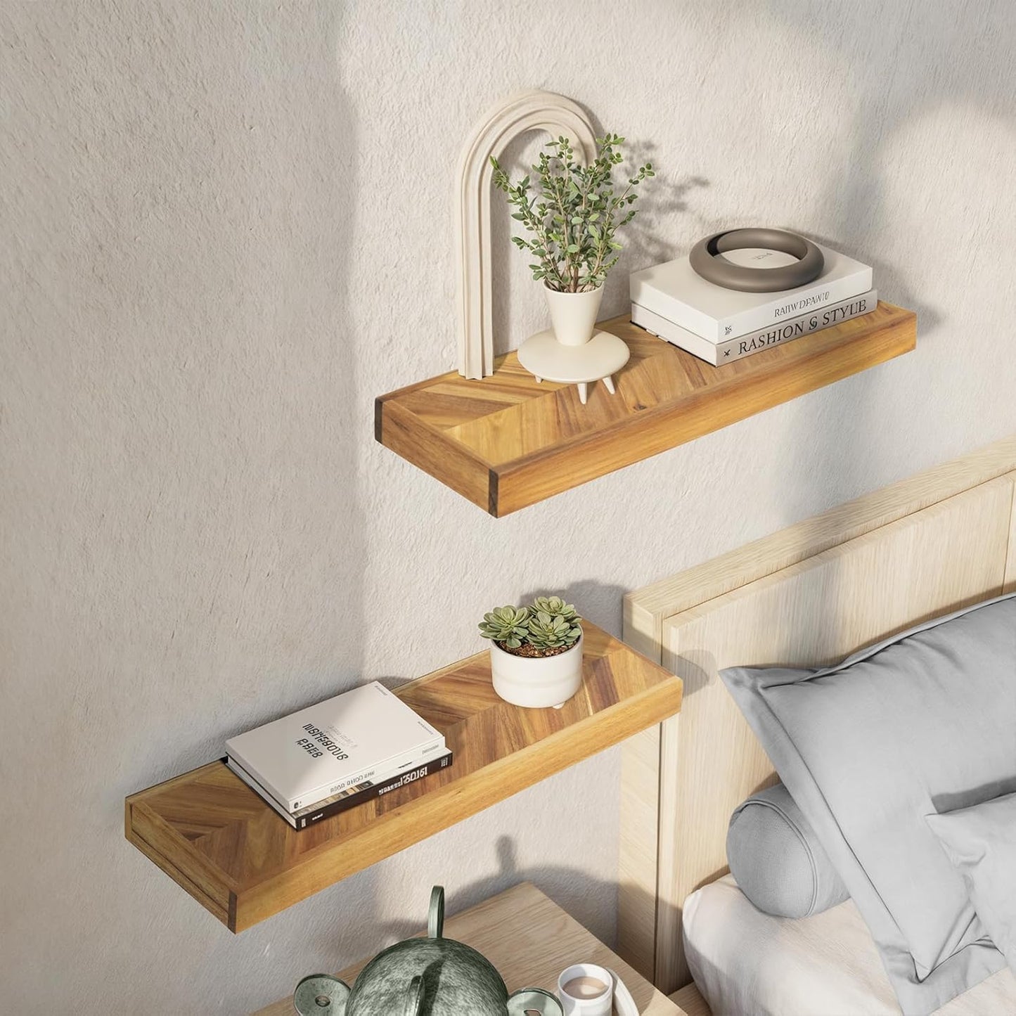 24" Acacia Chevron Floating Shelves Set of 2 - Wall Mounted Wooden Shelf for Stylish Home Décor - Natural Color - 24x6.7x1.5 Inches