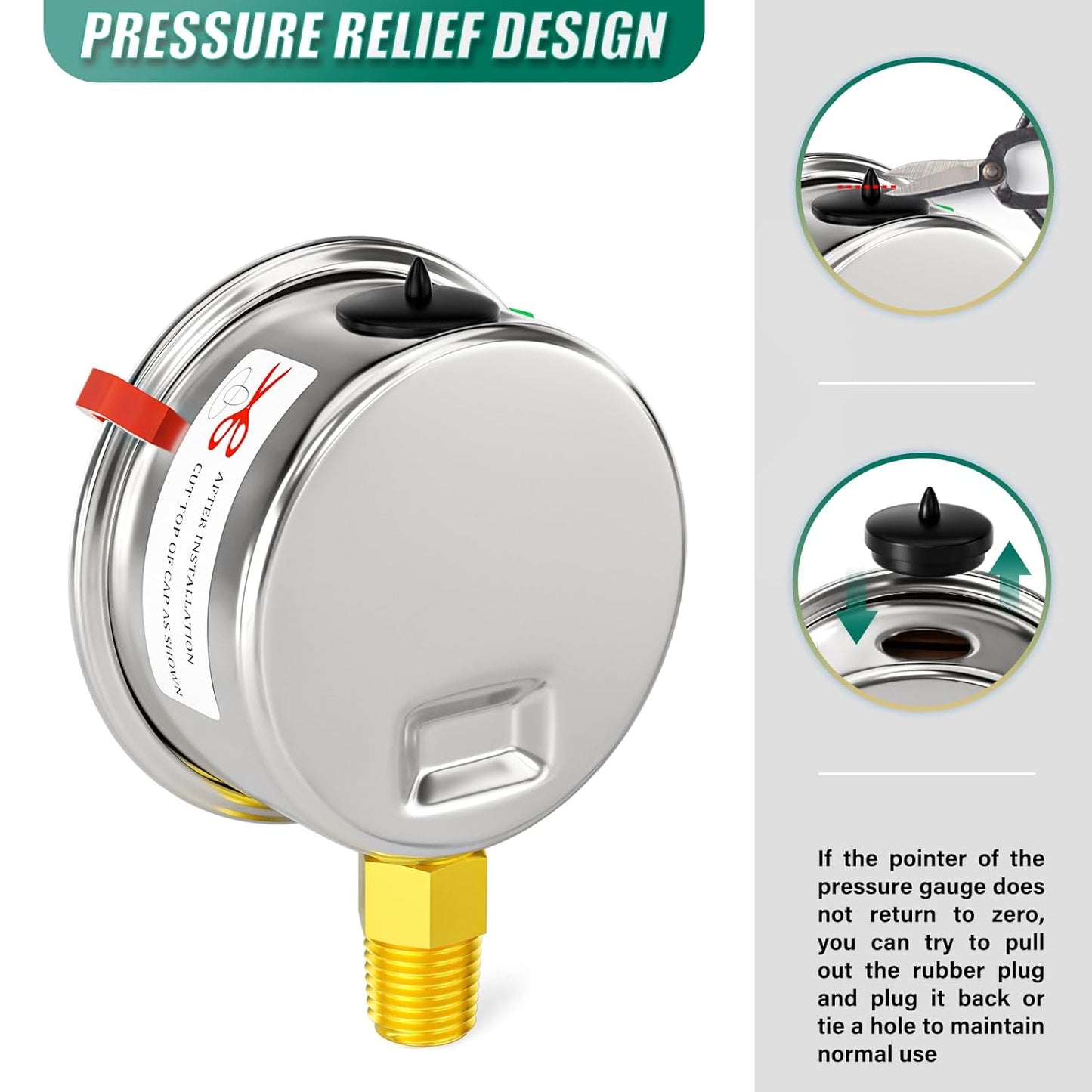 0-200psi Stainless Steel 1/4" NPT 2.5" Dial, Glycerin Liquid Filled Pressure Gauge Lower Mount Designed for Pressure Testing of Water, Oil and Air (with Range Mark Pointer)