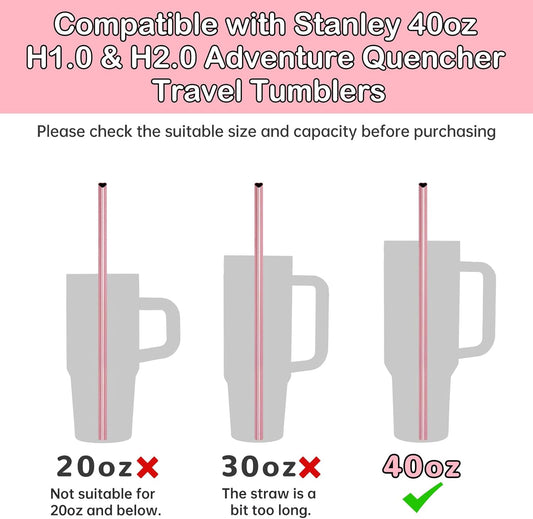 NiHome 12-Inch Heart-Shaped Stainless Steel Drinking Straws for Stanley Tumbler 40oz 10-Pack with 2 Cleaning Brushes, Reusable for Hot & Cold Drinks, Dishwasher Safe, Safe Edges for Kids (Pearl Pink)