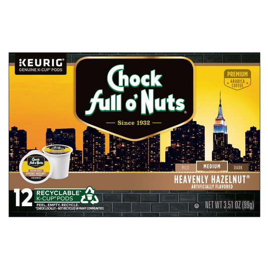 Chock Full o'Nuts Heavenly Hazelnut Coffee, Compatible with K-Cup Pods, 12 CT (Pack of 2)