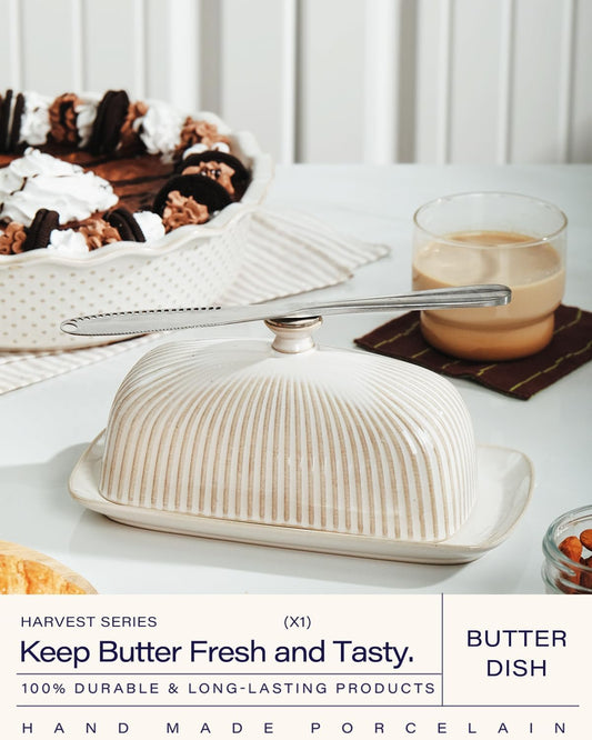 Getstar Ceramic Butter Dish with Lid and Stainless Steel Knife for Countertop, with Magnet to Attract Knife, Fit both West East Coast Butter