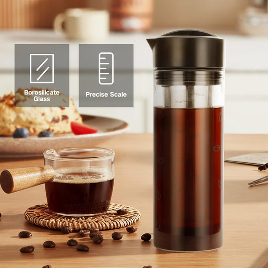 25oz Cold Brew Coffee Maker 4 Cup Capacity Tea Maker, Iced Coffee Pot, Cold Heat Resistant Borosilicate Glass Carafe, Stainless Steel Mesh Filter Basket and Black Freshness Lid