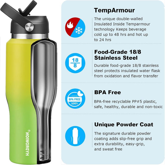 40 oz Insulated Water Bottle with Straw fit in Car Cup Holder(Cold 48 hrs, Hot 24 hrs) Drinking Bottle with Straw Lid, Spout Lid and Flex Cap Leakproof Travel Thermo Mug,Yellow - Green