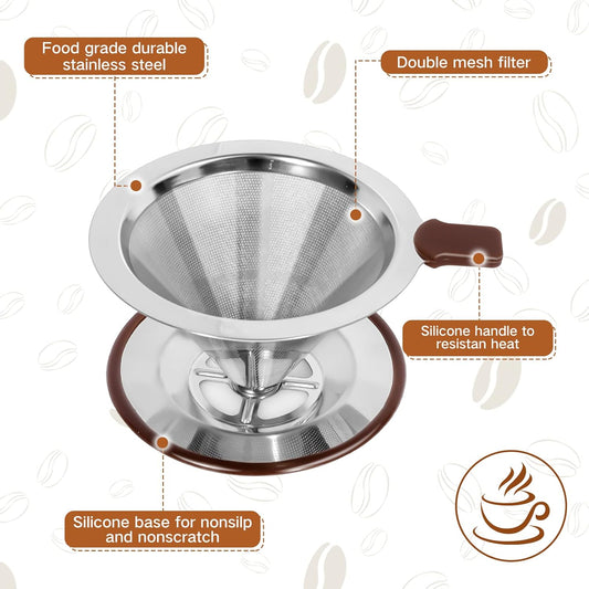 Pour Over Coffee Dripper,Reusable Stainless Steel Drip Cone Coffee Filter, Update Double Ultra Fine Micro Mesh Filter, Professional Paperless Drip Brew Coffee Cone Maker with Cup Stand,1-2 Cup