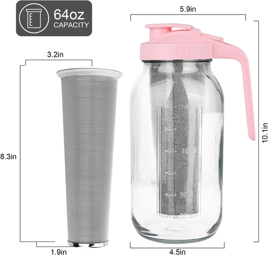 Cold Brew Coffee Maker,64 oz Wide Mouth Mason Jar Pitcher with Stainless Steel Filter, Pour Spout Handle Lid, Heavy Duty Glass Airtight & Leak-Proof Pitcher for iced coffee & Tea Lemonade-Pink