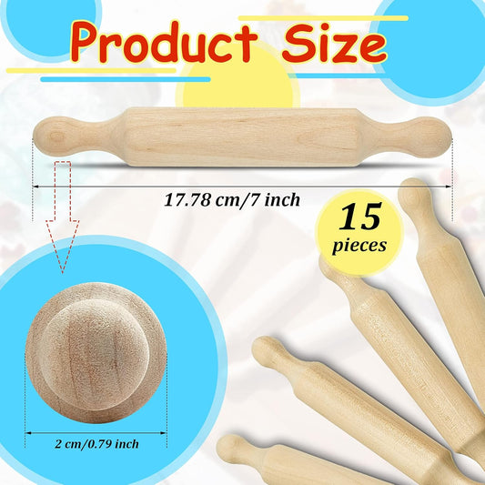 Suclain 15 Pcs Wooden Mini Rolling Pin Long Kitchen Baking Small Dough Rolling Pin for Children Fondant Pastry Pizza Crafting and Imaginative Play for Halloween and Christmas Presents (7 Inches)