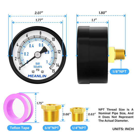 MEANLIN MEASURE 0-15Psi 2" DIAL FACE 1/8" NPT Well Pump Pressure Gauge, with 1/4" NPT and 3/8" NPT Hex Bushing, 3-2-3% Accuracy, Center Back Mount