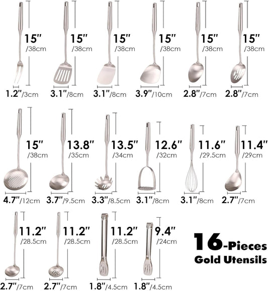 18/10 Stainless Steel Cooking Utensils Set - 16 PCS All Metal Kitchen Tools, Serving Utensils - Whisk, Masher, Fork, Tongs, Solid/Slotted Spoon, Spatula, Turner, Ladle, Skimmer, Pasta, Large Spoon Set