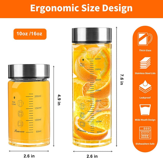 Glass Juice Bottles 4 Pack 10 oz - Wide Mouth Glass Water Bottles with Lids - for Juicing, Protein, Smoothie, Milk, Reusable, BPA Free, Stainless Steel Lids, Blender, Shaker Bottle (10oz/300ml)