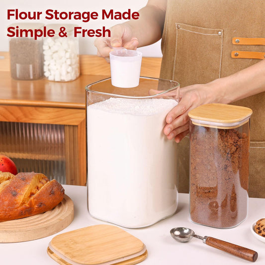 Glass Flour and Sugar Containers, Square Glass Containers with Bamboo Lids, Gallon Jars with Bamboo Lids for Cookies, Coffee Beans (2 pack 1.6/4.6 qt)