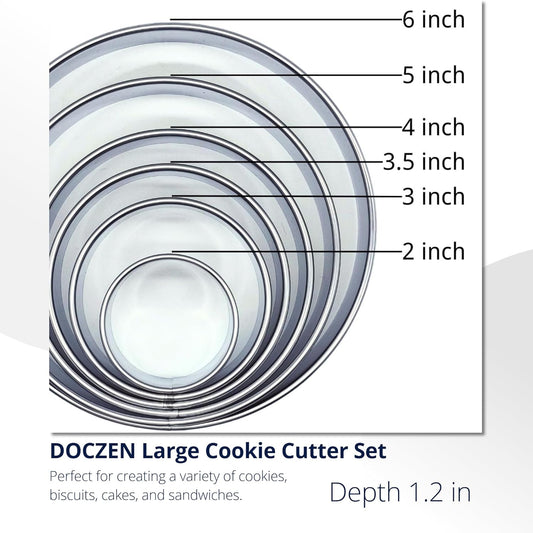 DOCZEN 6 PCS Round Cookie Cutter Set (2, 3, 3.5, 4, 5, 6 Inch) - Biscuit Cutters For Baking - Large Circle Cookie Cutters Variety Pack, Metal Stainless Steel, 6 Pack