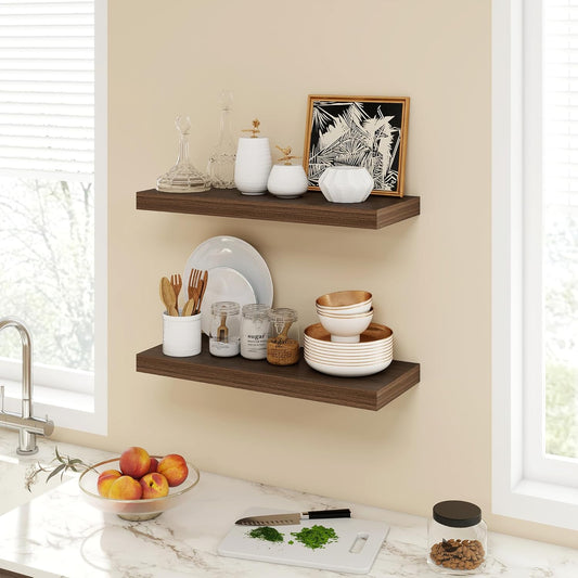 24 Inch Floating Shelves, 9.3" Deep Floating Shelf Wall Mounted, 24" Wall Shelves, Rustic Deep Bookshelf, Large Display Shelves & Storage Shelves for Bedroom, Living Room, Walnut, Set of 2