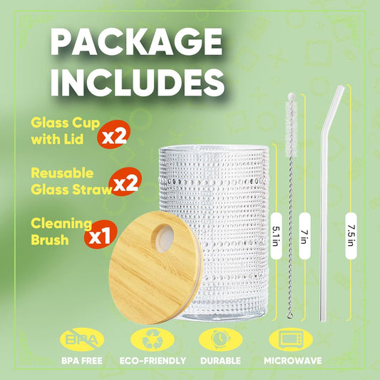 15 Oz Glass Cups with Lids and Straws, Vintage Embossed Glassware for Whiskey Cocktail Beer, Iced Coffee Cup with Lid (2 PACK)