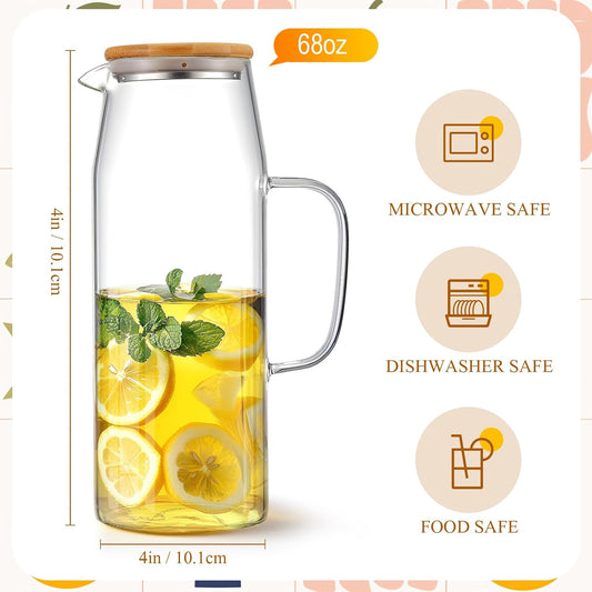 Hsei 2 Sets Glass Pitcher with Lid, 67.6 oz / 2000 ml Water Carafe with Handles Hot Cold Beverage Water Jar Glass Jug for Tea Juice Milk Coffee Iced Beverage(2l)