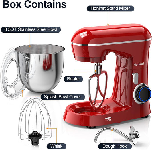 Stand Mixer, 6.5QT 10-Speed Tilt-Head Electric Stand Mixer, 3-In-1 Kitchen Mixer with Bowl, Dough Hook, Whisk and Beater, Food Mixer for Baking, Cake and Most Home Cooks, Red