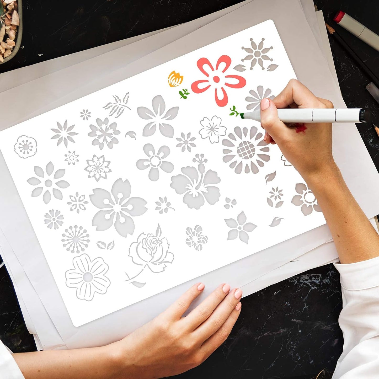 Zonon 3 Pieces Stencil Template Painting Stencil Spring Summer Template Reusable Drawing Set for Daily DIY Art Notebook Wedding Card Scrapbook Home Decor 3 Sizes(Flower Style)