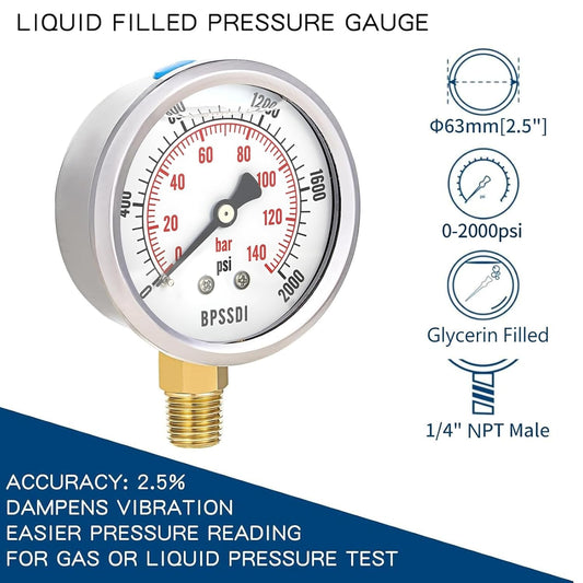 0-2000 Psi Glycerin Liquid Filled Hydraulic High Pressure Gauge, 2.5" Dial Size, 1/4" NPT Lower Mount, 304 Stainless Steel Case, for Water Oil Air Gas Pressure Test