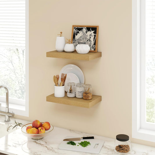 16 Inch Floating Shelves, 9.3" Deep Floating Shelf Wall Mounted, 16" Wall Shelves, Rustic Deep Bookshelf, Large Display Shelves & Storage Shelves for Bedroom, Living Room, Oak, Set of 2
