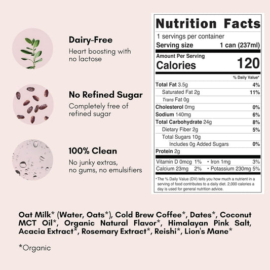 Pop & Bottle, Oat Milk Lattes - Cold Brew with Lions Mane & Reishi, MCT Oil, Single Shot Cold Brew, Mushrooms, Organic, Dairy Free, Gluten Free, Great as Iced Coffee, Lightly Sweetened with Dates - Caramel, 8 Fl Oz (12 Pack)