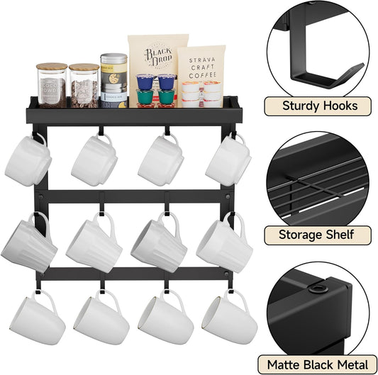 Coffee Mug Rack Wall Mounted, Rustic Metal Mug Holder Organizer with 12 Hooks and Top Shelf Cup Storage Rack for Home Kitchen Coffee Bar Station Mug Display and Collection
