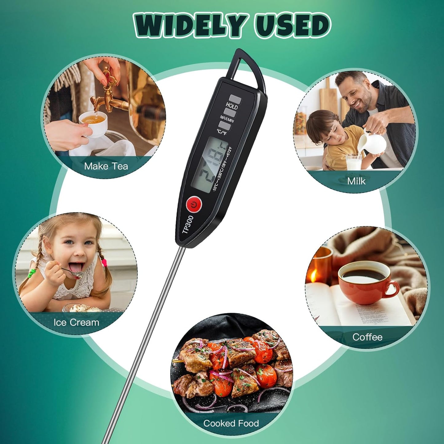 3 Set Waterproof Food Thermometer for Water, Liquid, Candle and Cooking Digital Meat Thermometer with Long Probe Instant Read for Kitchen BBQ Grill Candy (Black,White,Red)