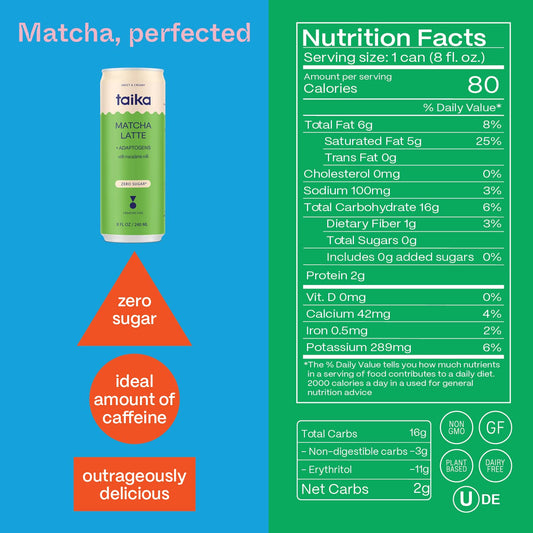 Taika Matcha Latte Iced Matcha Latte, Organic Ceremonial Grade Matcha w/Ashwagandha, 8 Fl Oz (Pack of 12))