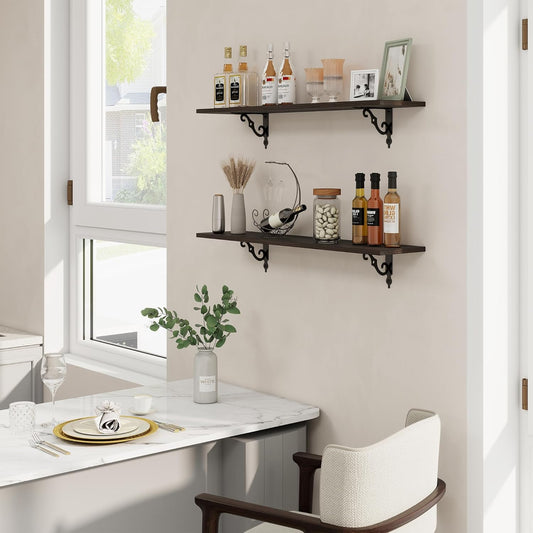 RICHFOCUS Floating Shelves for Wall Decor, 35.4W x 8D Wall Shelves Set of 2, 8 Inch Deep Rustic Wood Shelves Wall Mounted with Brackets, Long Floating Shelves for Living Room Bedroom Kitchen, Black