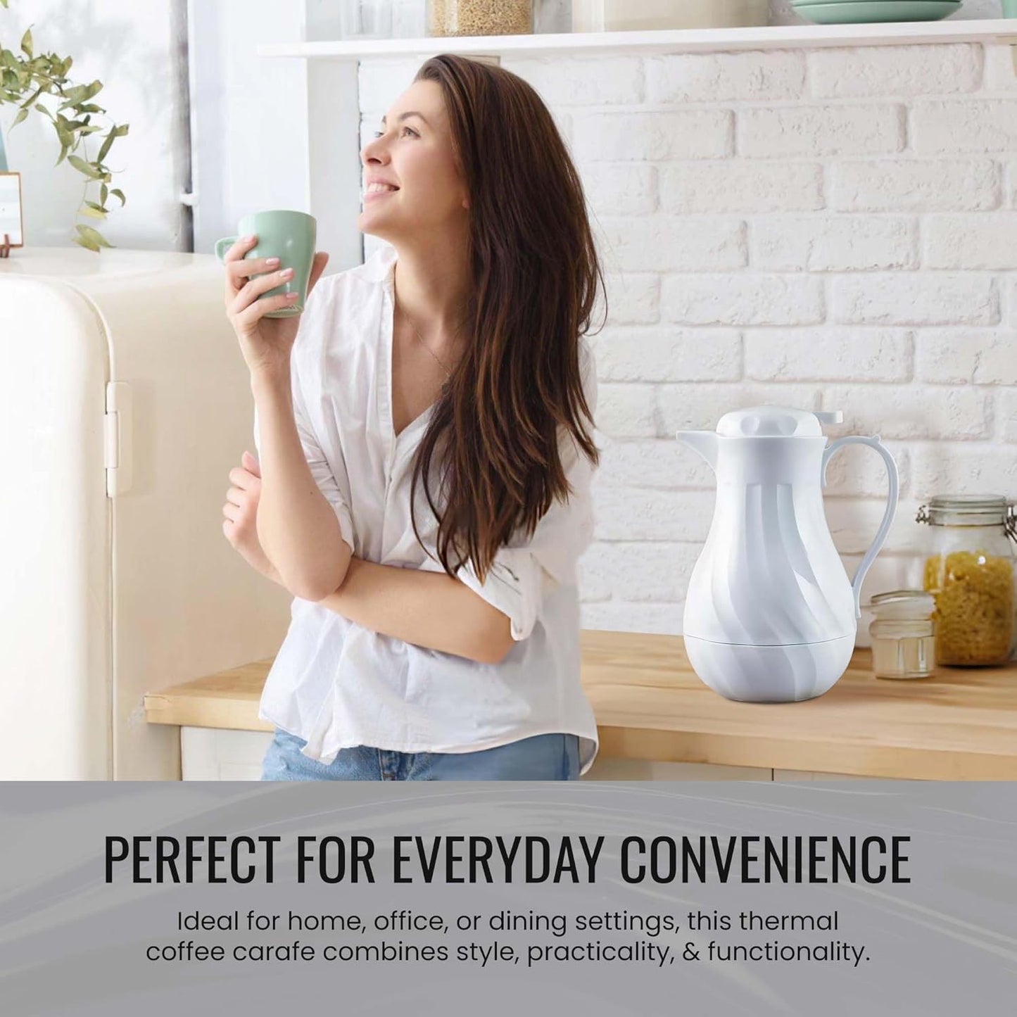 OCS Parts Easy Pour Thermal Coffee Carafe | 10-Inch Insulated Hot and Cold Beverage Pitcher Server for Coffee, Tea, Hot Chocolate and Water with Colored Tags for Easy Idenfication | 42-Ounce | White