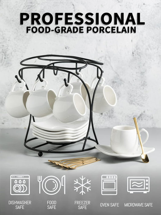 LYEOBOH Espresso Cups with Saucers Set, Porcelain Coffee Cups and Metal Stand and Spoons, Small Demitasse Cups for Espresso, Latte, Cafe Mocha, Cappuccino, and Tea, 3 OZ, Set of 6, White