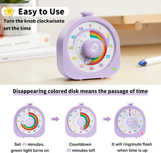 Visual Timer – Rainbow Magnetic Timer for Classroom, 60min/12h Rechargeable Countdown Timers, Silent Pomodoro Timers for Kids & Adults with ADHD
